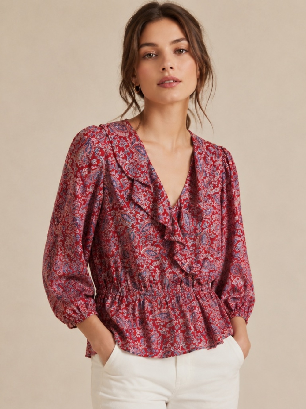 Chaps Boho Paisley Ruffle Neck Peasant Blouse Red Blue Gauze Top
